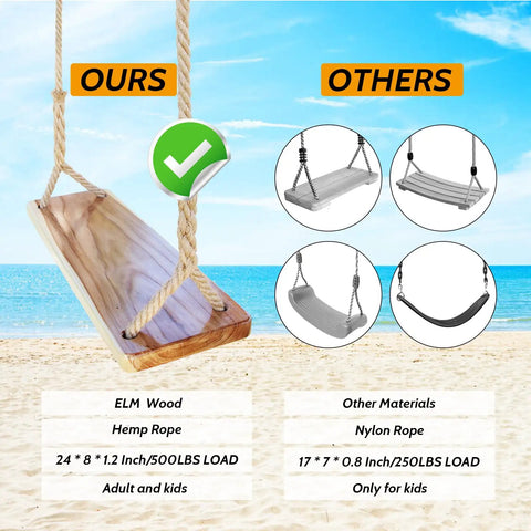 Outdoor And Indoor Wooden Swing For Adults And Kids With Adjustable Hemp Rope And Tree Straps, Elm wood seat on beach