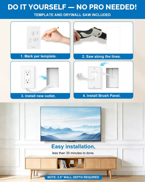 In Wall Cable Management Kit With Recessed Outlet Box And Dual Outlet Extender For Wall Mounted TV 9.8 Ft Extension Cord