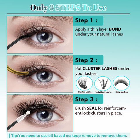 Steps to apply Bond And Seal 2 In 1 Lash Glue For Cluster Lashes Long Lasting Up To 72 Hours Black Adhesive With Spiral Brush Wand 10ml.