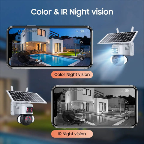 Solar Powered Security Camera With 360 Degree View And 3MP FHD Clarity, showcasing color and IR night vision features.