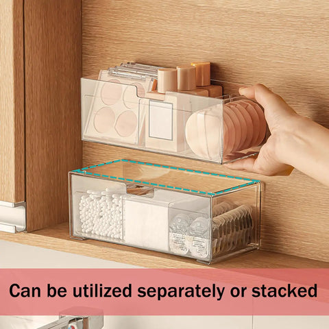 Two Tier Drawer Organizer For Medicine Cabinet Stackable Clear Storage Drawers for Small Bathroom showing stacked use