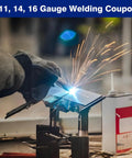 Close-up of welding sparks on 12 Pack Welding Practice Kit With 2 By 4 Inch Coupons In 9 11 14 16 Gauge Mild Steel, hand holding torch