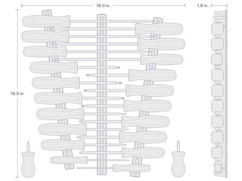 Hard Handle 22 Piece Screwdriver Set With Black Rails workhorse design diagram showing tools on rails with dimensions