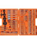 125 Piece Drill And Drive Bit Kit With Hole Saw Sockets For Wood Metal Concrete Masonry And Plastic shown in orange case