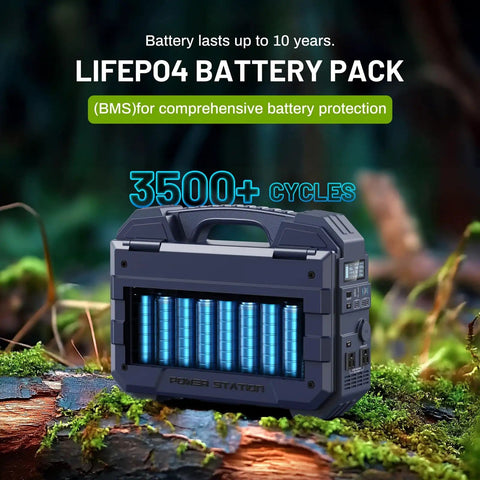 1600W Portable Power Station With 1024Wh LiFePO4 Battery And Built In Solar Panel on forest floor, showing power capacity and cycles.