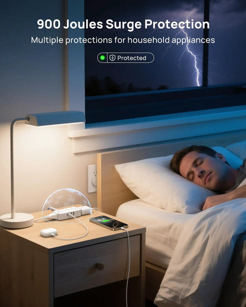 Flat Plug Power Strip With 8 In 1 USB Ports And Wall Mount 4 AC Outlets 2 USB C 2 USB A 5 Foot Extension Cord on bedside table