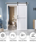 32 By 84 Inch White Barn Door With Five And A Half Foot Sliding Door Hardware Kit Included And Handle Solid Wood Covered With Waterproof PVC Surface Easy DIY Assembly And Install H Frame Fits Twenty Eight To Thirty Inch Wide Opening installed in room