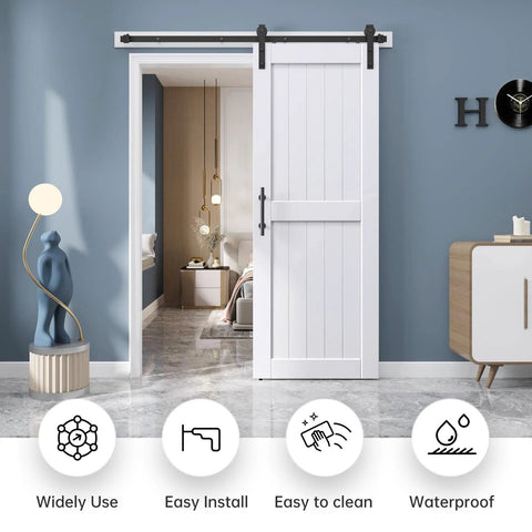 32 By 84 Inch White Barn Door With Five And A Half Foot Sliding Door Hardware Kit Included And Handle Solid Wood Covered With Waterproof PVC Surface Easy DIY Assembly And Install H Frame Fits Twenty Eight To Thirty Inch Wide Opening installed in room
