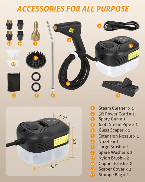 Beast 1500W Steam Cleaner Handheld Portable for home kitchen and auto detailing, shown with accessories and 1200ML water tank.
