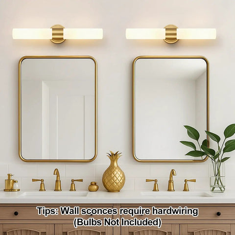 Pretty Darn Sleek Hardwired Wall Sconces Set Of Two With Thick Milky White Glass And Brushed Gold Finish above modern bathroom mirrors.