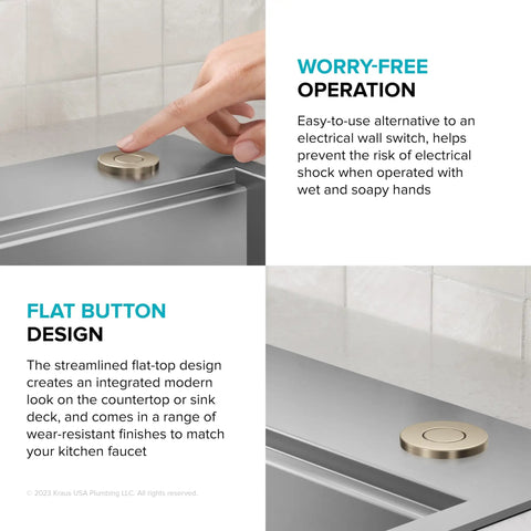 Finger pressing Flat Top Garbage Disposal Air Switch Button In Spot Free Antique Champagne Bronze on countertop