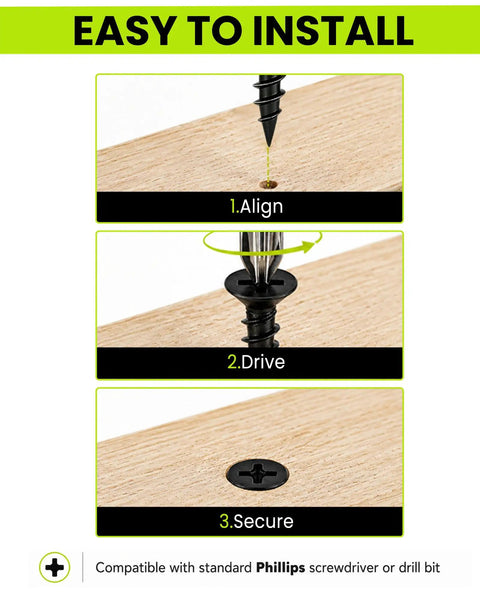 130pc Black Wood Screws Set With Long Phillips Flat Head Screws Carbon Steel Four Size Screw Kit 0.75 Inch 1.25 Inch 1.50 Inch 2 Inch Driver Included Built For DIY Woodworking Cabinets And Furniture Projects. Easy install steps with Phillips driver on wood