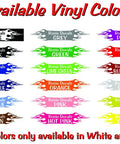 Vinyl color options for decals including white, black, grey, purple, red, green, lime green, burgundy, dark blue, silver, and more.