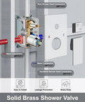 High Pressure Shower System With 10 Inch Rain Head And 2 In 1 Handheld Sprayer Wall Mount Fixture Rough In Valve Built To Last Polished Chrome Shower Kit 304 Stainless Steel Construction showing solid brass shower valve with connections for rain and handheld heads.