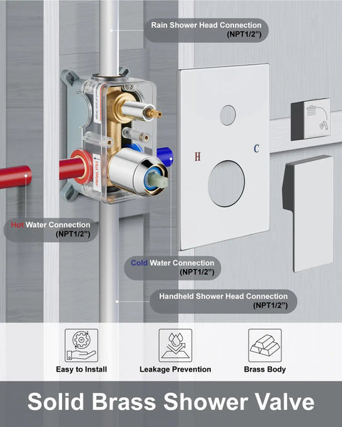High Pressure Shower System With 10 Inch Rain Head And 2 In 1 Handheld Sprayer Wall Mount Fixture Rough In Valve Built To Last Polished Chrome Shower Kit 304 Stainless Steel Construction showing solid brass shower valve with connections for rain and handheld heads.