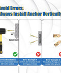 Diagram showing correct vertical installation and errors for Self Drilling Drywall Anchors With Screws Kit 200 Pcs Heavy Duty Metal Expansion Anchors For Sheetrock No Drill Needed 80 Lb Rating 2026 Upgraded Anti Strip Design Diamond Tip Easy Fast Install.