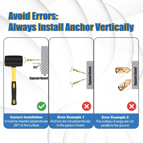 Diagram showing correct vertical installation and errors for Self Drilling Drywall Anchors With Screws Kit 200 Pcs Heavy Duty Metal Expansion Anchors For Sheetrock No Drill Needed 80 Lb Rating 2026 Upgraded Anti Strip Design Diamond Tip Easy Fast Install.