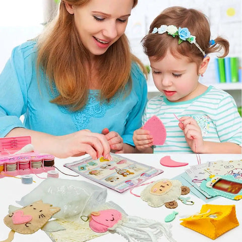 Mother and daughter using Beginner Sewing Kit For Kids With 9 Different Animal Charms, easy pre-cut fabric, plastic needle tools.