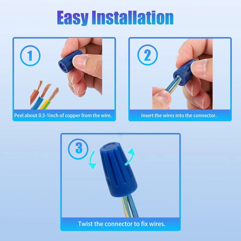 Steps to install 30 Pack Waterproof Wire Connectors For 12-22 AWG Cables Outdoor Sealed Twist Nuts Caps Ideal For Landscape Lighting Irrigation Valves And Wet Location Installations Blue