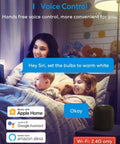 Family in living room using Smart BR30 Flood WiFi LED Bulb RGBCW Multicolor Dimmable 1300 Lumen 100W Equivalent E26 Base with voice control.