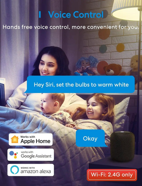 Family in living room using Smart BR30 Flood WiFi LED Bulb RGBCW Multicolor Dimmable 1300 Lumen 100W Equivalent E26 Base with voice control.
