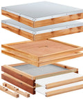 Exploded view of Two Pack Beehive Parts Kit for 10 Frame Hives with telescoping top cover, inner cover, and screened bottom board.