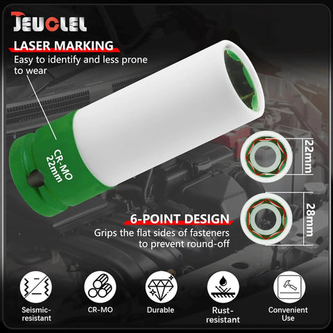 22mm Thin-Wall Wheel Protector Impact Socket For Lug Nuts, CR-MO steel, non-marring deep socket with scratch-free sleeve, white and green design