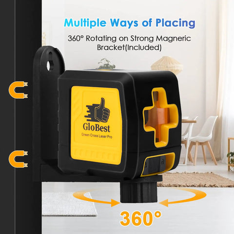 Self Leveling Laser Level 100ft Green Cross Line Two Line Laser For Construction And Picture Hanging IP54 Waterproof 360 Degree Magnetic Base Battery Included mounted on wall