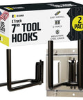 Heavy Duty E Track Tool Hanger Hooks 2 Pack 7.5 Inch Deep Universal Garage Organizer in packaging and mounted view