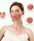 Woman wearing a KN95 Face Masks 50 Pack 5 Ply Breathable Safety Respirator Multicolor Cup Style Disposable Dust Mask With Nose Clip.