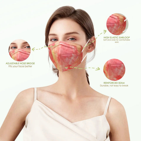 Woman wearing a KN95 Face Masks 50 Pack 5 Ply Breathable Safety Respirator Multicolor Cup Style Disposable Dust Mask With Nose Clip.