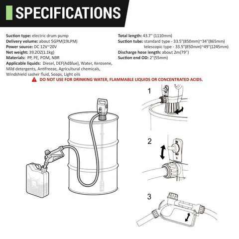 Hella Smooth Telescopic Electric Drum Pump Bundle With Battery Powered Operation And Quick Five To Seven GPM Flow, specifications diagram with pump and barrel.