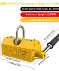 Front view of yellow 440 lb permanent magnetic lifter with release lever and U-shaped shackle