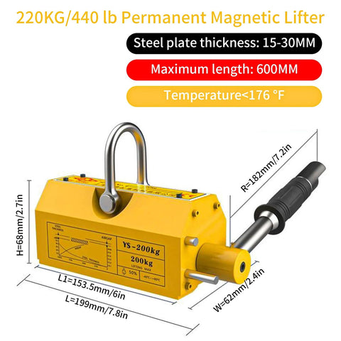 Front view of yellow 440 lb permanent magnetic lifter with release lever and U-shaped shackle