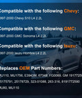 Text listing compatibility for 1997-2000 Chevy S10, GMC Sonoma, Isuzu Hombre with fuel pump assembly, features car.