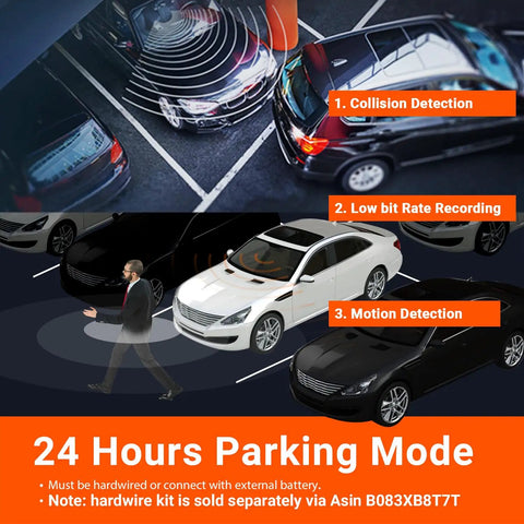 Triple Channel Dash Camera System With Front 4K, Inside Cabin 1440P, Rear 1440P, IR Night Vision, showing 24 Hours Parking Mode