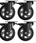 Set of 4 4-inch caster wheels with brakes; heavy-duty, black top-plate swivel casters with hardware kit.