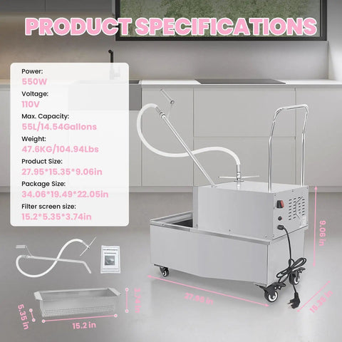 Commercial 55L Fryer Filter Cart With 8.45 Gal Per Minute Speed For Restaurant Kitchens Stainless Steel Oil Filtering System visible specifications and dimensions.