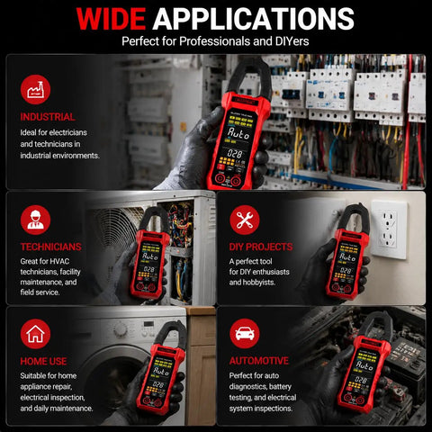 Pro Grade True RMS Clamp Meter For DIY And Pros 6000 Counts Multimeter Measures AC DC Voltage And 600A Current NCV Live Wire Detector Auto Range Overload Protection Capacitance Resistance Diode Test Handy For Home And Industrial Repairs in use