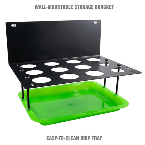 No Spill Oil Funnel Kit With 8 Attachments And Transparent Chamber wall-mountable storage and drip tray