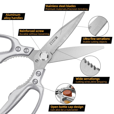 Heavy Duty All Purpose Scissors With Stainless Steel Blade And Small Serrations Metal Handle Shears For Home And Office Cut Cardboard Fabric Leather Wires Carpet Rope Like A Boss Built For Pro DIY Projects, aluminum handles