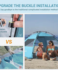 CumbreX Beach Tent Sun Shelter With Built In Canopy Pop Up 4 To 5 Person Beach Cabana set up with couple relaxing on sand