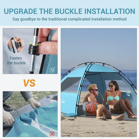 CumbreX Beach Tent Sun Shelter With Built In Canopy Pop Up 4 To 5 Person Beach Cabana set up with couple relaxing on sand