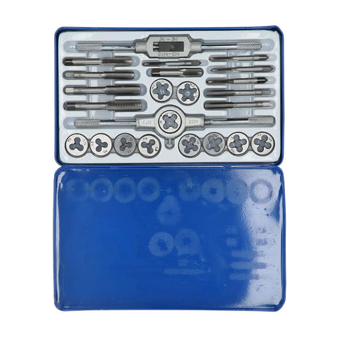 Pro Grade Built Tough Heavy Duty Tap Die Kit Alloy Steel Thread Repair Tool Set With 11 Taps And 11 Dies, Includes 2 Wrenches And Iron Box For CNC And Metalworking, Durable Manual Hardware For Industrial Repairs. Open blue metal case with alloy steel taps, dies, and wrenches