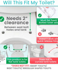 Guidelines for fitting Toilet Safety Rail For Seniors And Disabled with Adjustable Grab Bar, showing clearance and tank fit requirements.