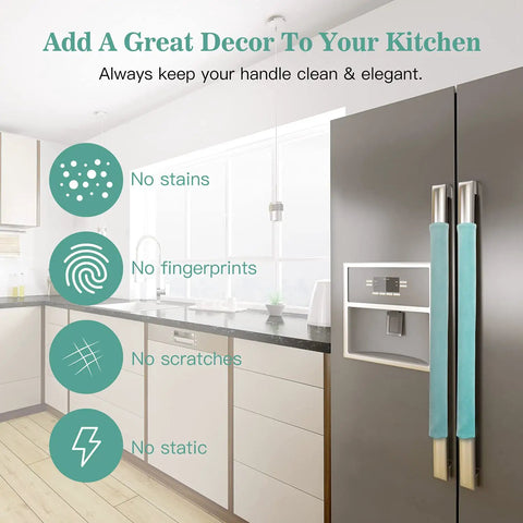 Refrigerator Door Handle Covers Set Of 4 Plush Washable Anti Dust With Hook And Loop Fasteners in a modern kitchen setting