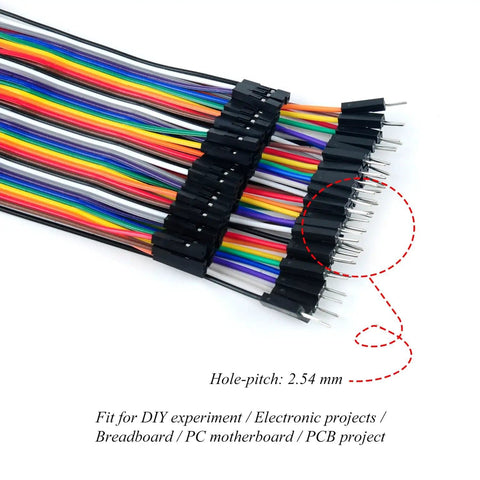 Multicolored Jumper Wire Kit With 240 Pieces, showing 2.54mm pitch connectors for Arduino DIY projects.