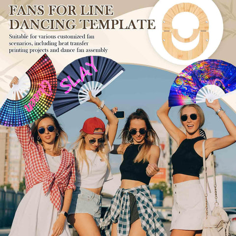 Wooden Fan Assembly Jig For 13-Inch Handheld Fans, Magnetic Clamp Template For DIY Making And Sublimation Crafting shown with fans held by dancers.