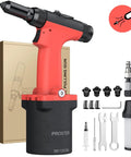 Professional Pneumatic Rivet Nut Gun Featuring Automatic Self Suction Loading And Four Quick Swap Nosepieces For Smooth Single Hand Operation On All Your Auto And Metal Fab Builds with accessories and packaging.