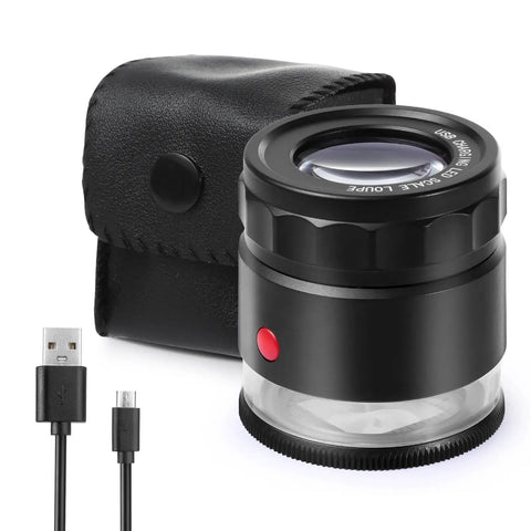 30X Loupe Magnifier With USB Rechargeable LED Lights Handy Pocket Tool with case and USB cable for detailed inspection.